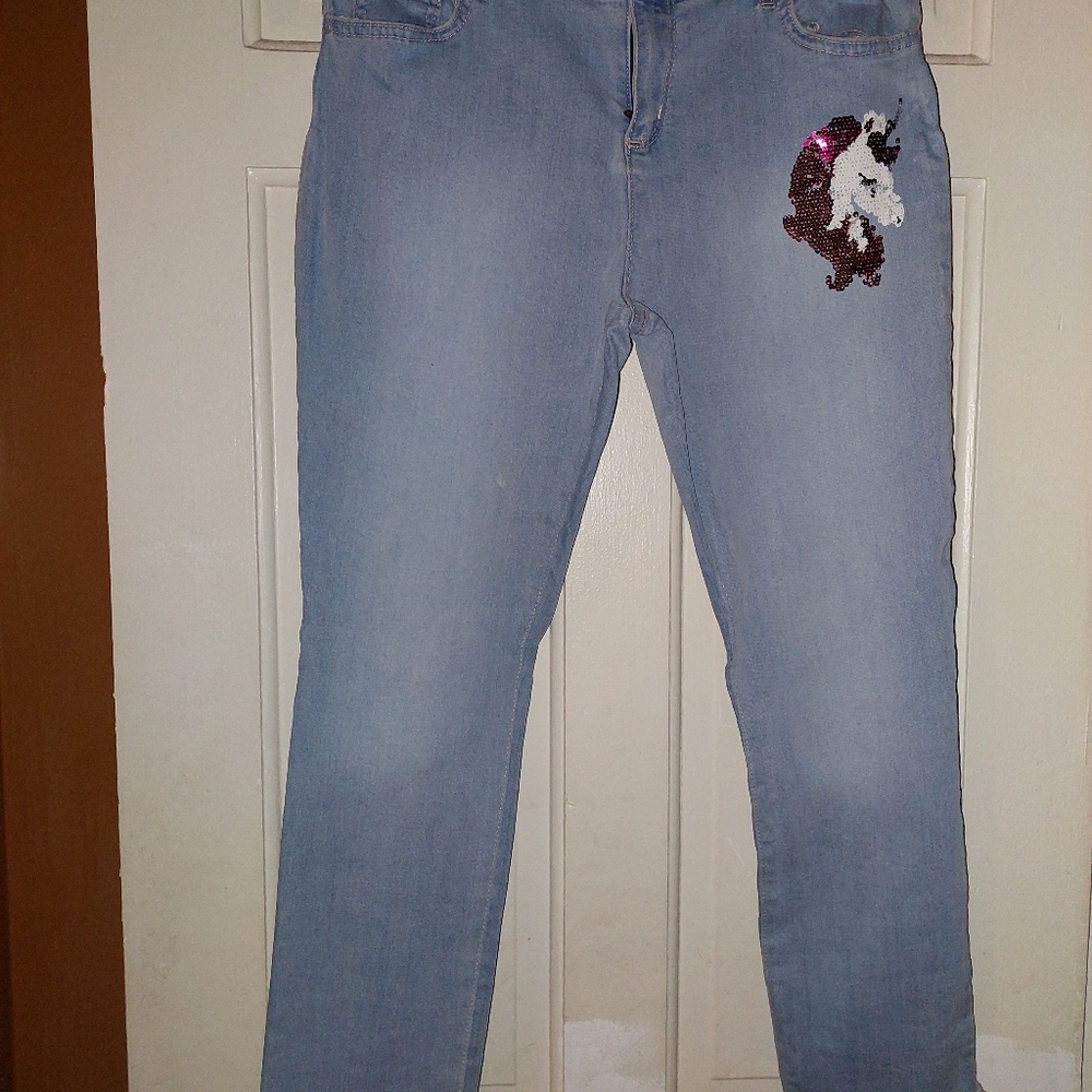 LIKE NEW! Place Girls lightwash denim Super Skinny sequin Unicorn Jeans, Size:16